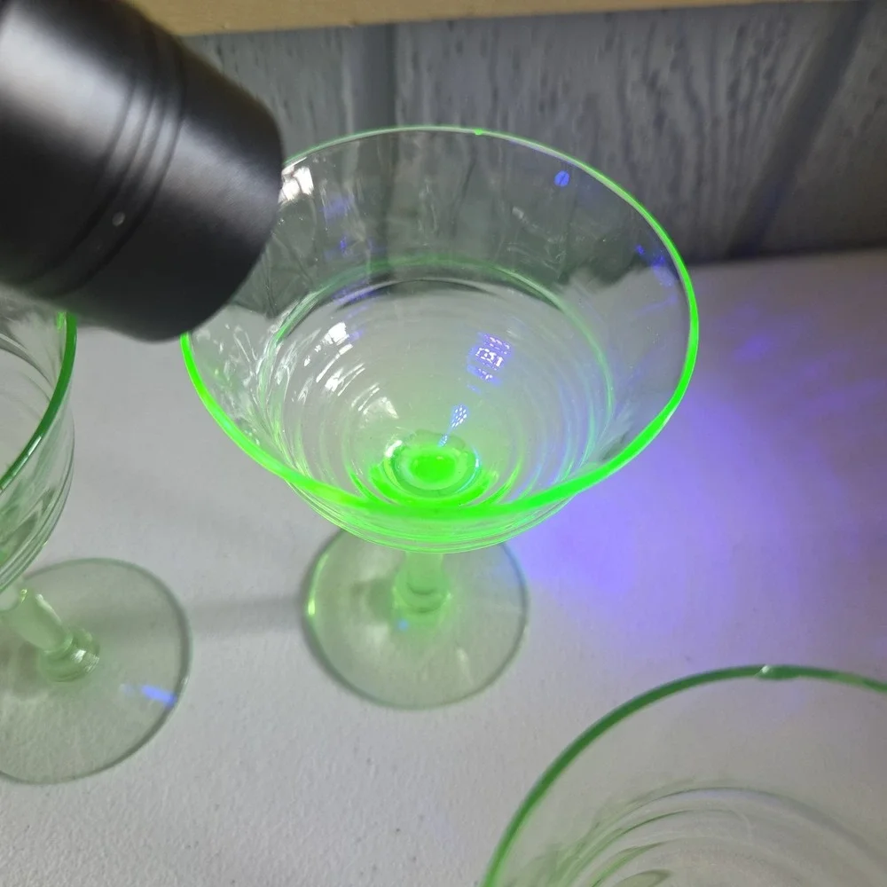 Vintage Uranium Small Stem Glass Green Hue Collectible Glassware Set Of 4
